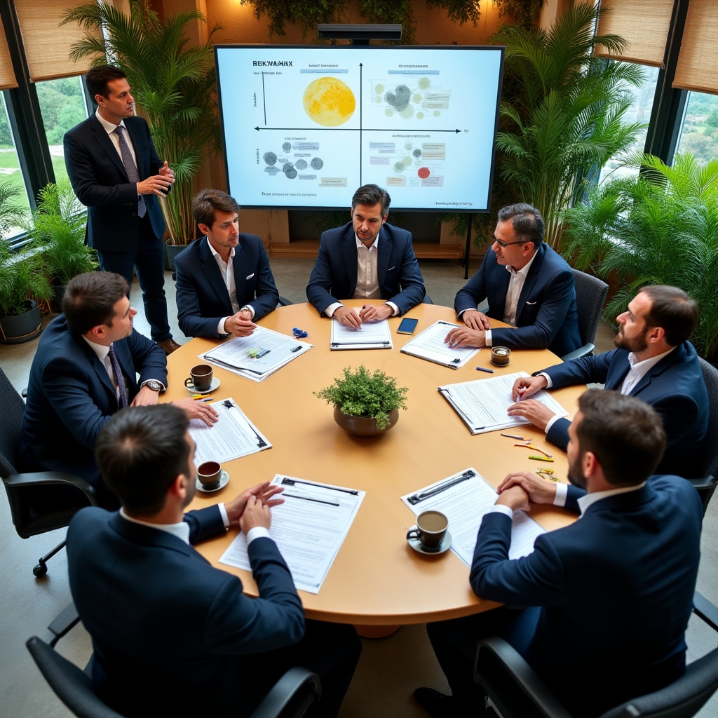 Workshop participants engaged in group discussion analyzing risk scenarios with instructor at whiteboard